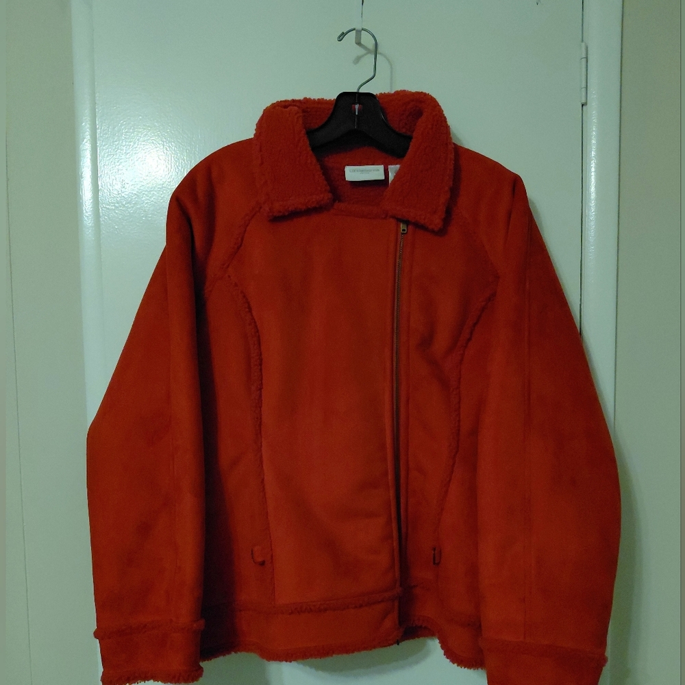 Womens Moto Jacket Liz Claiborne LPetite With Red Sherpa Lining, Trim, & Collar